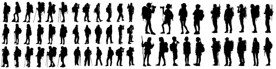 A contemporary image of a teenager wearing a backpack, holding a stick and binoculars, standing amidst a group of people, all in black, set against a white background