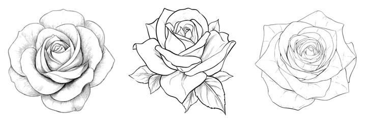 A hand drawn rose flower is depicted in abstract form against a white background as a modern outline icon in line art style, shown in close up