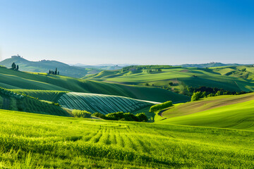 Rolling green hills with patchwork farmland patte