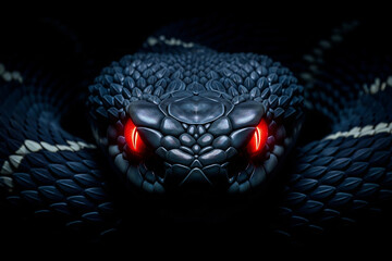 Intense Dark Blue Snake Portrait: Glowing Red Eyes, Dark Scales, Dramatic Lighting