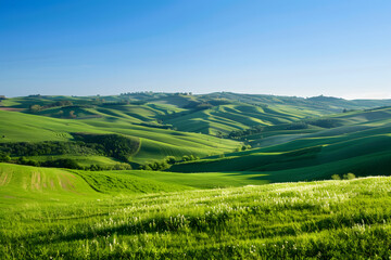 Rolling green hills with patchwork farmland patte