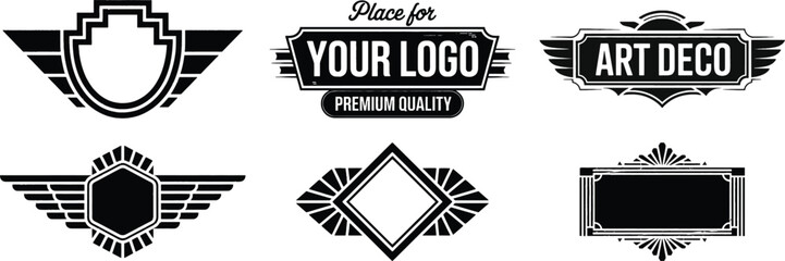 Geometric art deco silhouette vector set with badge, frame, and label for vintage logo, banner, and retro graphic design.