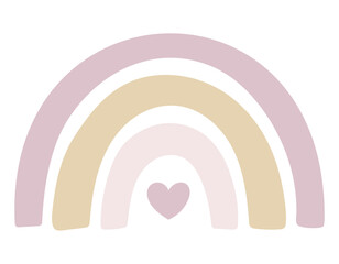 Vector illustration of Rainbow in pink and beige pastel colors with heart. Art of Arc for nursery posters or girls newborn party invitations. Drawing for icon, logo or childish design.