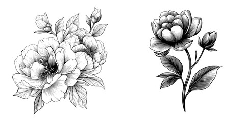 A modern peony floral botanical flower is showcased through black and white engraved ink art, existing as an isolated peony illustration element