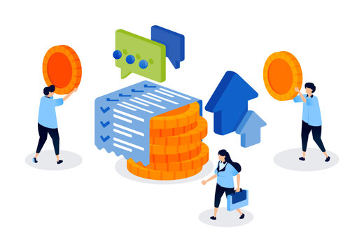 Stack of Coins and Chat Symbolizing Surveys and Reviews of Financial Service User Satisfaction. Creative Illustration for Website, Landing Page, Mobile Apps, Startup Flyer, Banner, and Ads Design