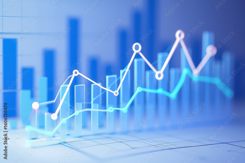Aufkleber abstract financial graph with rising and falling lines and bar chart in blue tones background