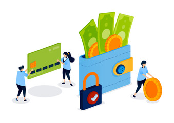 Naklejka premium Wallet Containing Money With Guaranteed Security for Banking Services and Investment Protection. Creative Illustration for Website, Landing Page, Mobile Apps, Startup Flyer, Banner, and Ads Design