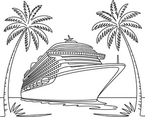 Vintage illustration of a cruise ship docked at a tropical island with palm trees