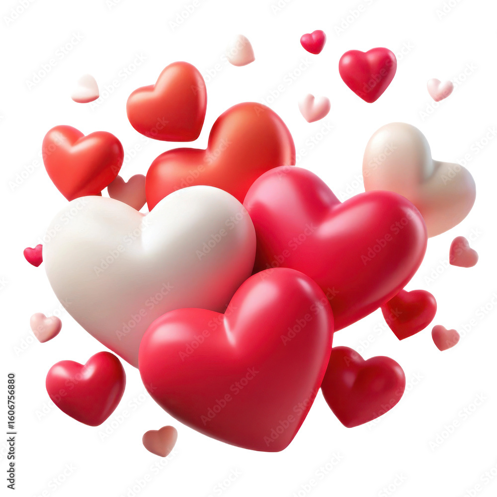 Poster a vibrant collection of assorted red pink and white heart shapes floating in a cluster isolated on t