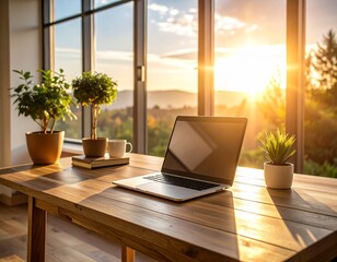 Minimalist Home Workspace with Laptop and Warm Morning Light – Photorealistic Interior Scene

