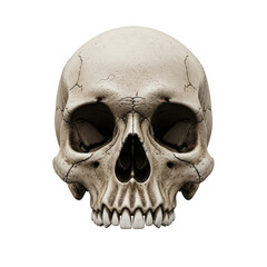 A detailed front view of a human skull with visible cracks and teeth isolated on transparent background