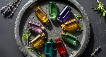 Colorful Essential Oil Bottles Displayed with Lavender and Rosemary on Stone Plate