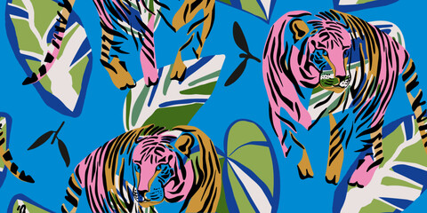 Vibrant Tiger Motif on Blue Botanical Illustration Pattern