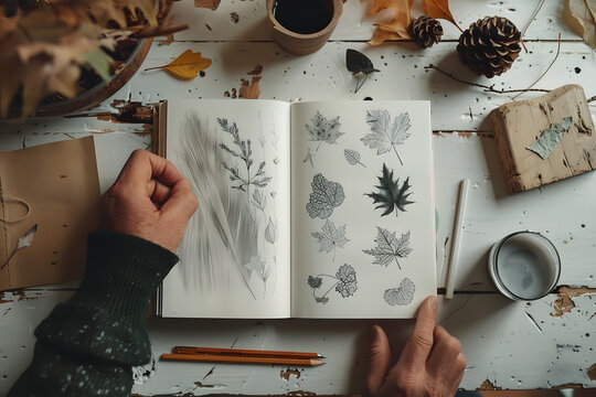 Sketchbook with pencil drawings of leaves and nat