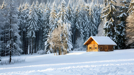 Small wooden cabin isolated in snowy clearing sur