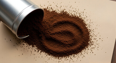 Coffee Grounds Spill Out of Silver Container onto Beige Surface in Studio Shot Still Life