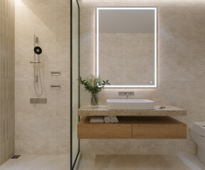 A modern and minimalist bathroom design featuring a floating wooden vanity with natural travertine...
