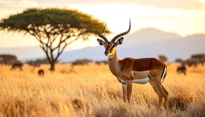 Obraz premium Antelope in golden savanna at sunset