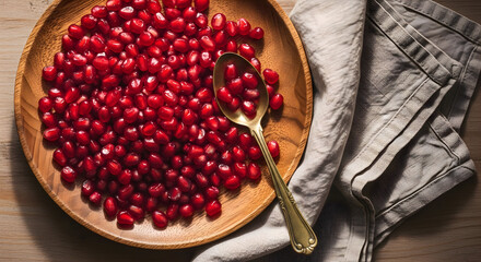 Pomegranate Seeds Fill Wooden Plate with Golden Spoon and Linen Cloth Elegantly