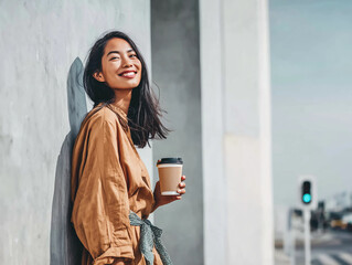 Portrait of young Asian woman leaning against a stone wall holding a takeaway coffee. Dressed in casual beige shirt with green patterned fabric at waist, with city background and traffic light during