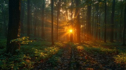 Obraz premium Sunburst through trees in lush forest. Light rays illuminate the ground cover in a natural scene