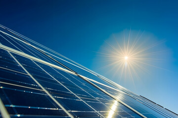 Solar panel array glistening under morning sun