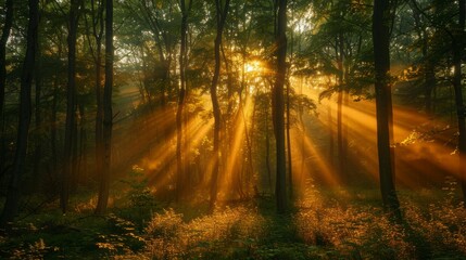Fototapeta premium Sunbeams burst through lush, green forest trees, creating a warm, ethereal atmosphere