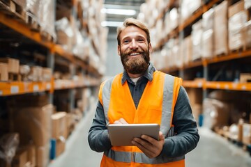 Happy warehouse manager using tablet for inventory, showcasing efficient logistics and distribution in a modern storage facility environment