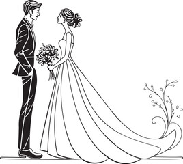 Minimalist One Line Drawing of Bride and Groom – Elegant Black and White Wedding Illustration
