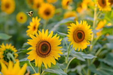 Obraz premium Sunflower patch in full bloom in backyard garden