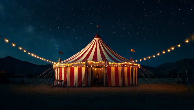 Illuminated red and white striped circus tent stands on a field under a starry night sky with mountains in the background and decorative string lights. - Powered by Adobe