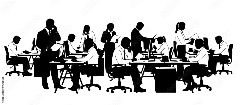 Aufkleber group of business professionals collaborating and working at computers in an office setting, isolate