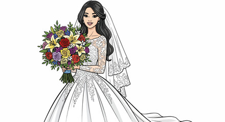 Elegant bride in wedding dress holding large bridal bouquet.  Bride poses gracefully with colorful flowers, showcasing wedding gown details. Image perfect for wedding invitations, announcements,