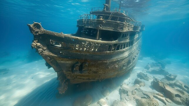 Submerged, aging shipwreck on sandy seabed, eroded and covered in marine growth under turquoise water
