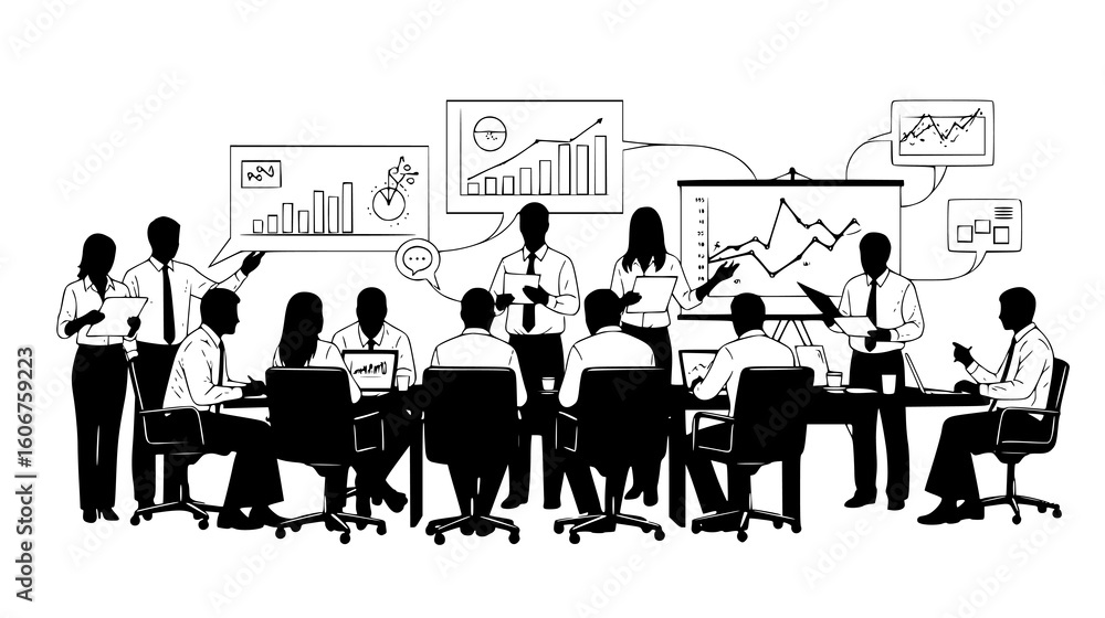 Aufkleber business meeting with team collaborating on strategy and data analysis with charts and graphs, isola