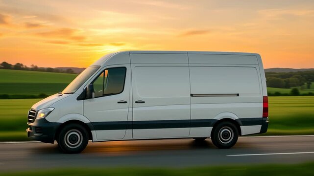 Rural delivery truck service. White cargo van delivery vehicle speeding road with green fields warm sunset creating peaceful mood and vibrant hills background