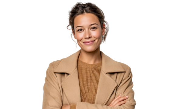 Confident woman smiles, arms crossed, wears coat. For marketing, fashion, web. - Powered by Adobe