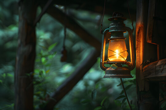 Vintage lantern hanging from wooden beam in fores