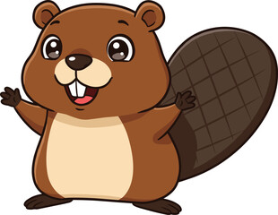 Adorable cartoon beaver smiling with open arms, cute forest animal character illustration for kids, wildlife mascot with large flat tail