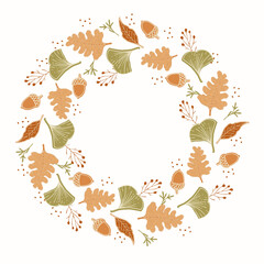Round autumn wreath in hand-drawn vector style. Includes oak leaves, ginkgo, red berries, acorns. Soft orange and green palette. Perfect for invitations, cards, printables, seasonal branding.