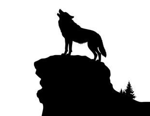Wolf howling silhouette on a rocky cliff. Suitable for nature themed designs, wildlife campaigns, and outdoor adventure promotions. Striking and captivating.