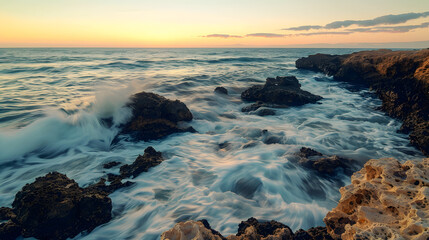 Obraz premium Waves gently washing over rocky coastal cliffs