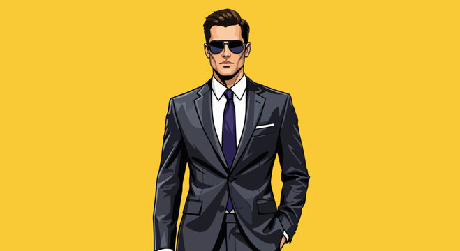Stylish man in suit on bright yellow backdrop. Man in suit confidently posing in sleek attire, adding visual depth, sunglasses enhance the composition.
