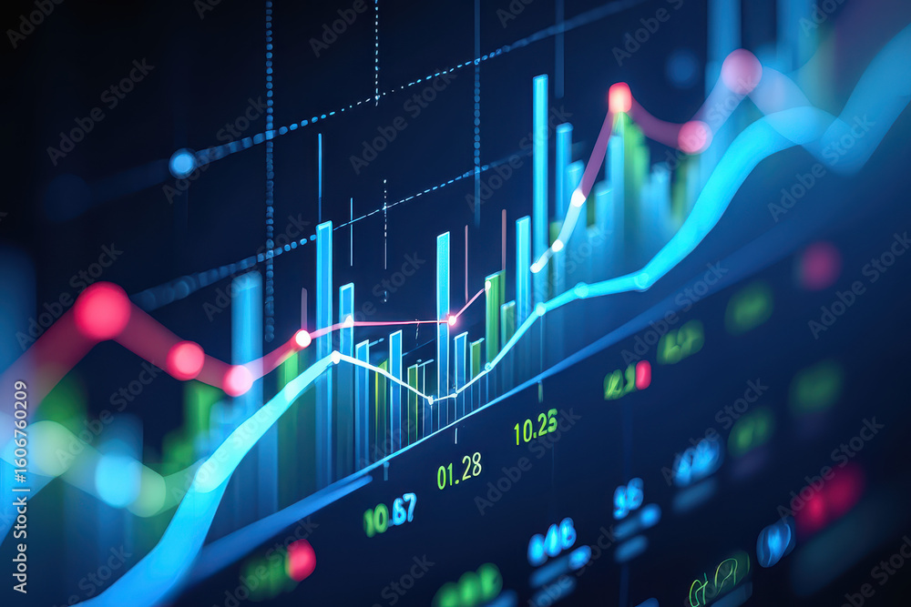Poster a close up view of a stock market graph with rising and falling lines on a dark blue background