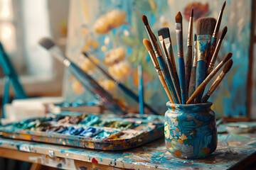 Fototapeta premium Worn wooden paintbrushes in ceramic jar beside