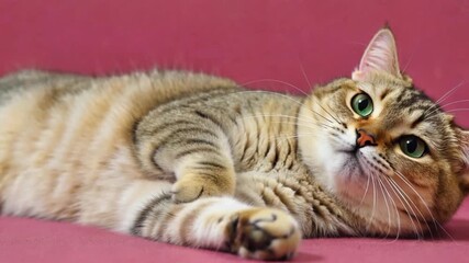 A captivating cat with striking eyes, basking in a moment of pure comfort and contentment on a vibrant background. The feline exudes an aura of relaxed charm.