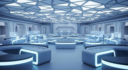 Futuristic control room with multiple illuminated workstations arranged in a circular pattern under a geometric ceiling design.