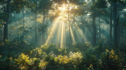 Sunbeams filter through a dense forest, highlighting greenery in a hazy, ethereal atmosphere