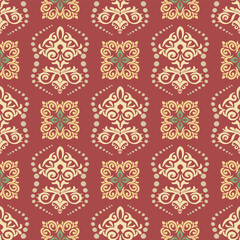 Yellow and red background damask vector seamless pattern.Vintage paisley elements.Traditional Turkish motifs.Design for fabric and wallpaper,textiles,any packaging.
