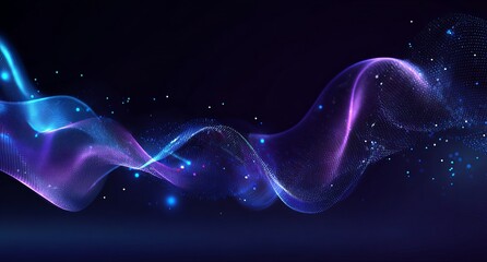 Abstract background. Digital technology and big data elements in the form of lines, dots, and waves on a dark blue gradient.